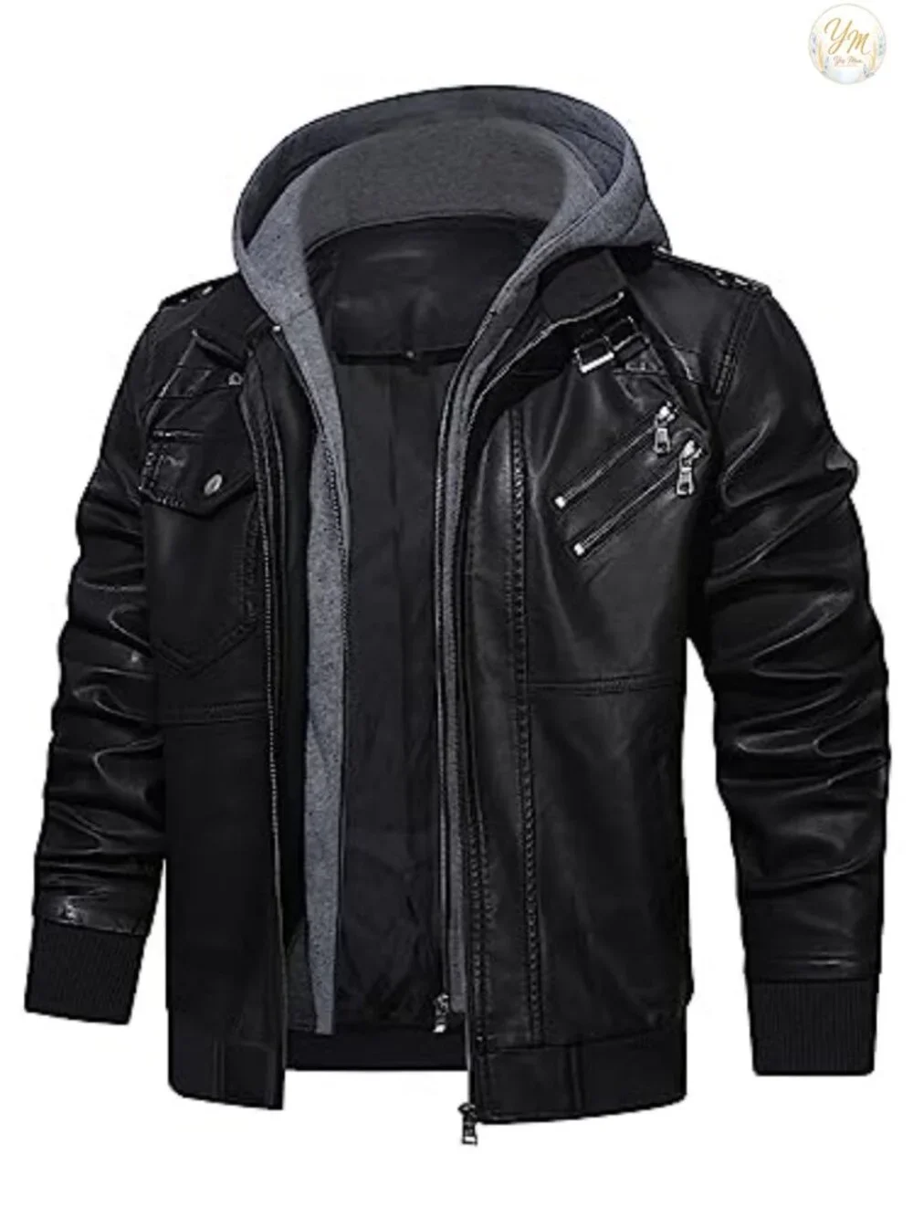 Men's Faux Leather Zip-Up Motorcycle Bomber Jacket Removable Hood